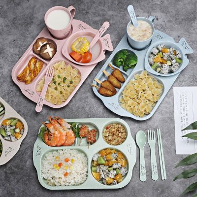 儿童餐盘幼儿园午餐分格宝宝防摔吃饭 餐具套装 小麦秸秆汤碗水杯
