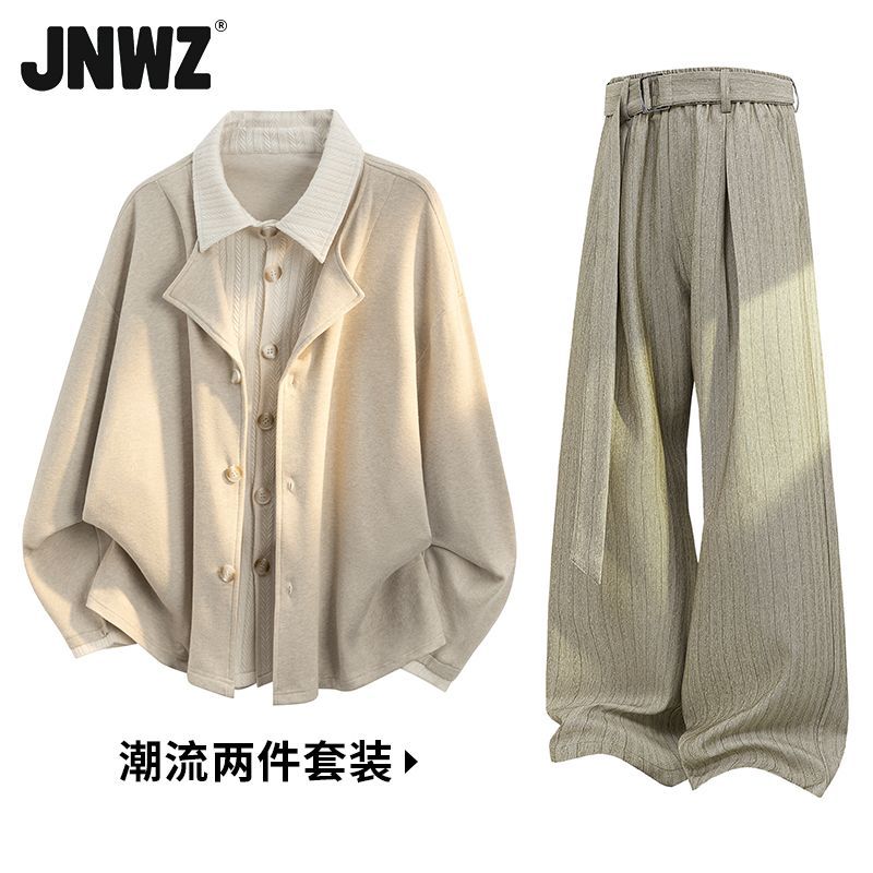 【JNWZ】潮流美式老钱风假两件外套裤子两件套男春秋大码夹克西裤套装