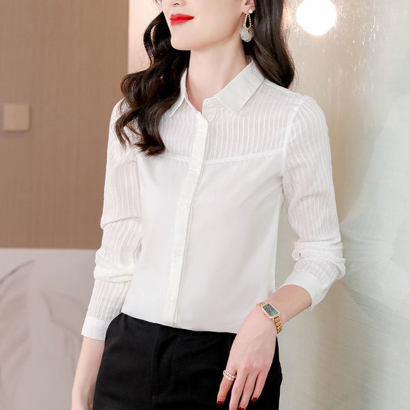 纯棉白色衬衫女长袖2023秋修身翻领女士通勤气质OL工作服职业衬衣