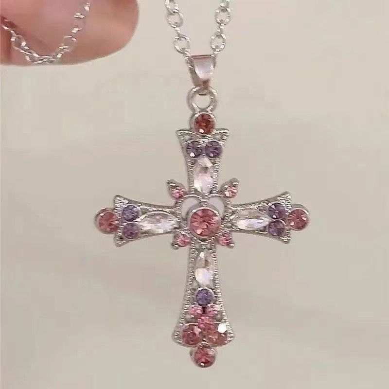 Vintage古着Cross女生项链辣妹风y2k百搭潮流水钻十字架小众脖子