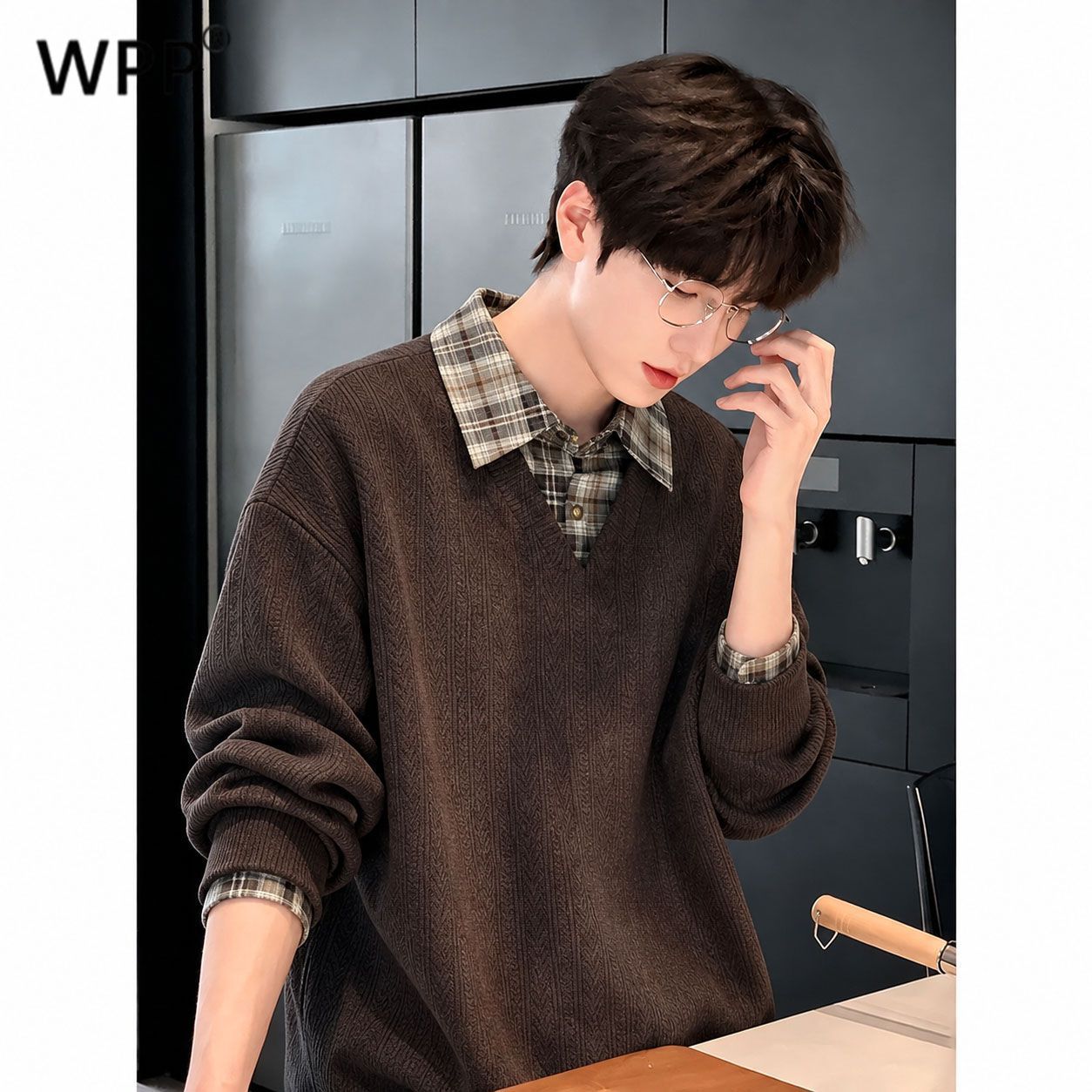 【WPP】plus老钱风麦穗纹假两件卫衣男秋季格子拼接设计感针织长袖t恤