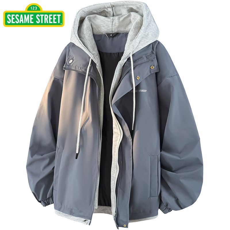 SESAME STREET芝麻街美式连帽情侣外套男春秋假两件宽松休闲夹克