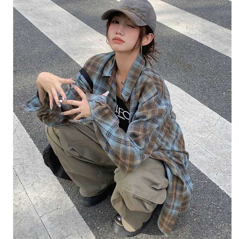 美式复古格子长袖衬衫女春夏2026新款慵懒街头外套休闲宽松上衣女