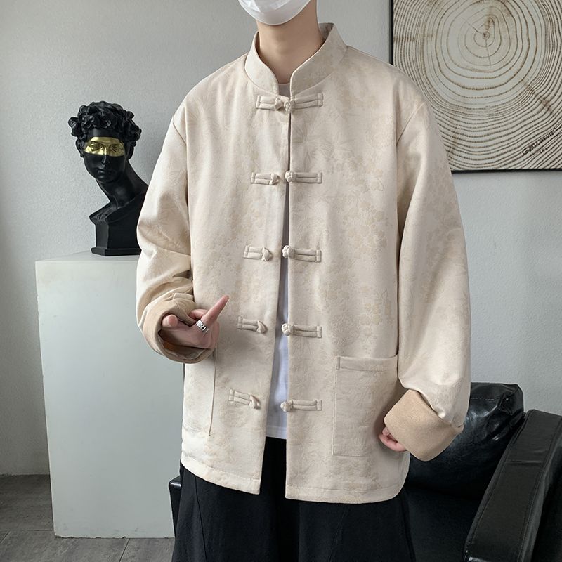 春秋新款中国风唐装新中式盘扣中山装夹克男国潮暗花民族外套男