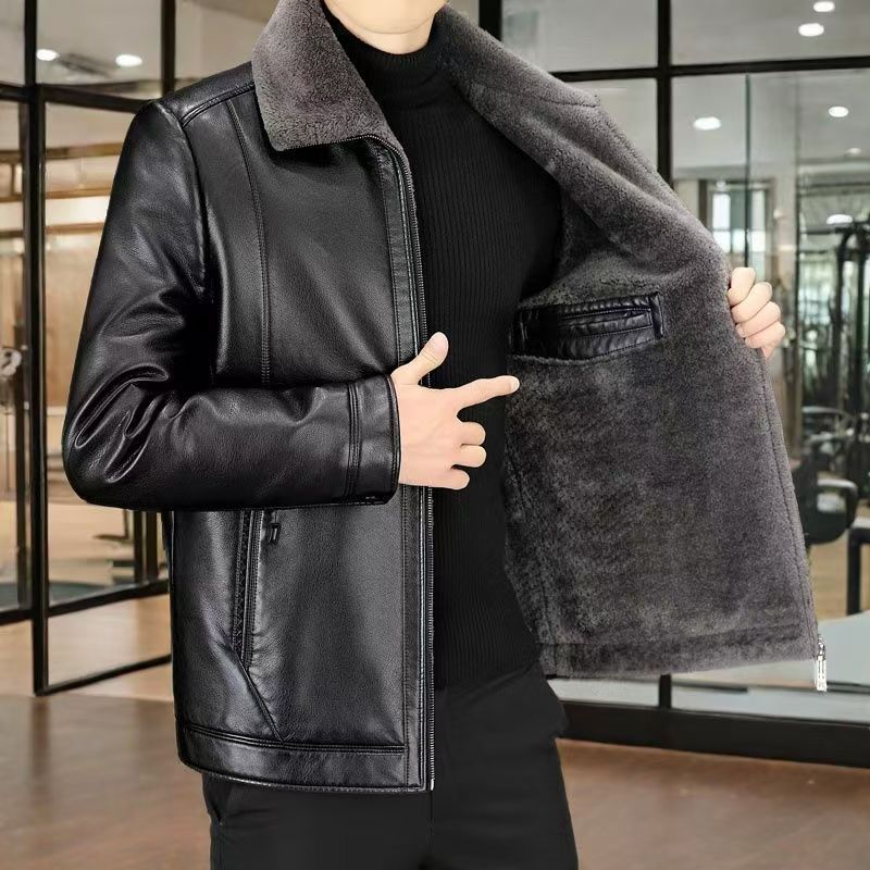 海宁正品冬季男士加绒皮衣外套保暖翻领设计潮流百搭显瘦实穿款