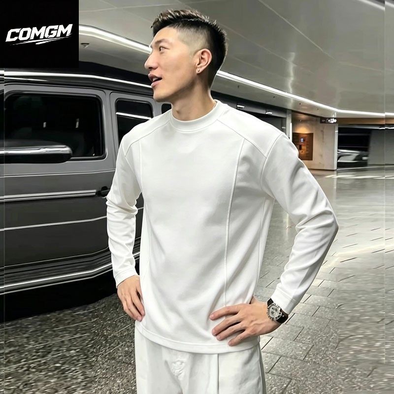 【COMGM】美式领解构拼接正肩长袖T恤男女秋冬设计感cleanfit打底上衣