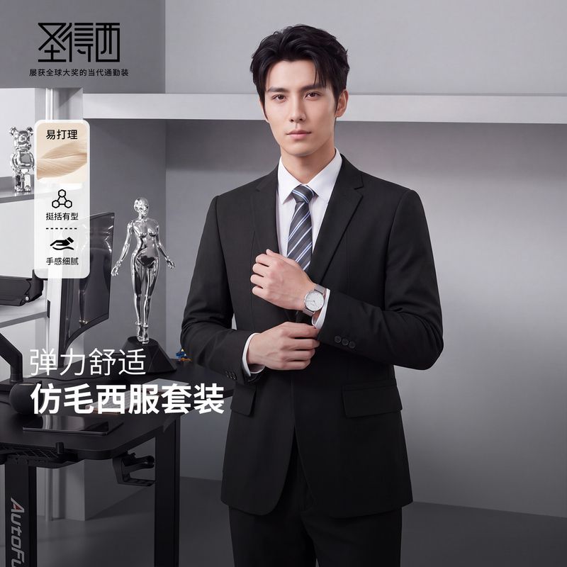 【门店同款】圣得西质感平驳领男士仿毛套西修身大气黑色西服套装
