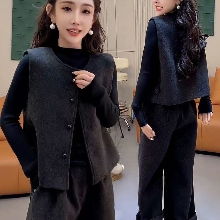 大码女装胖mm秋冬时尚轻熟高智风三件套气质显瘦打底衫马夹阔腿裤【15天内发货】