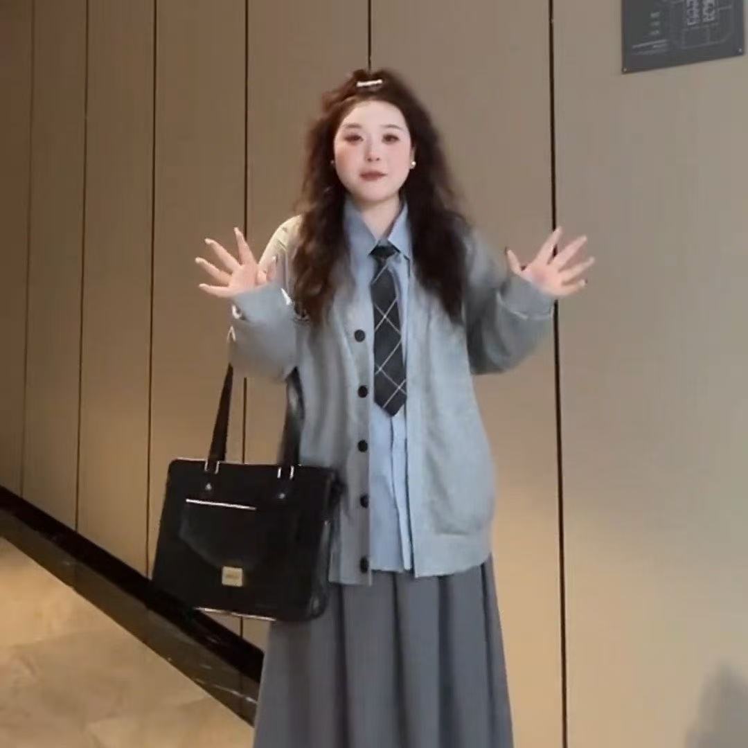 胖mm大码女装甜美清新学院风新款纯色衬衫半身裙开衫外套秋季套装