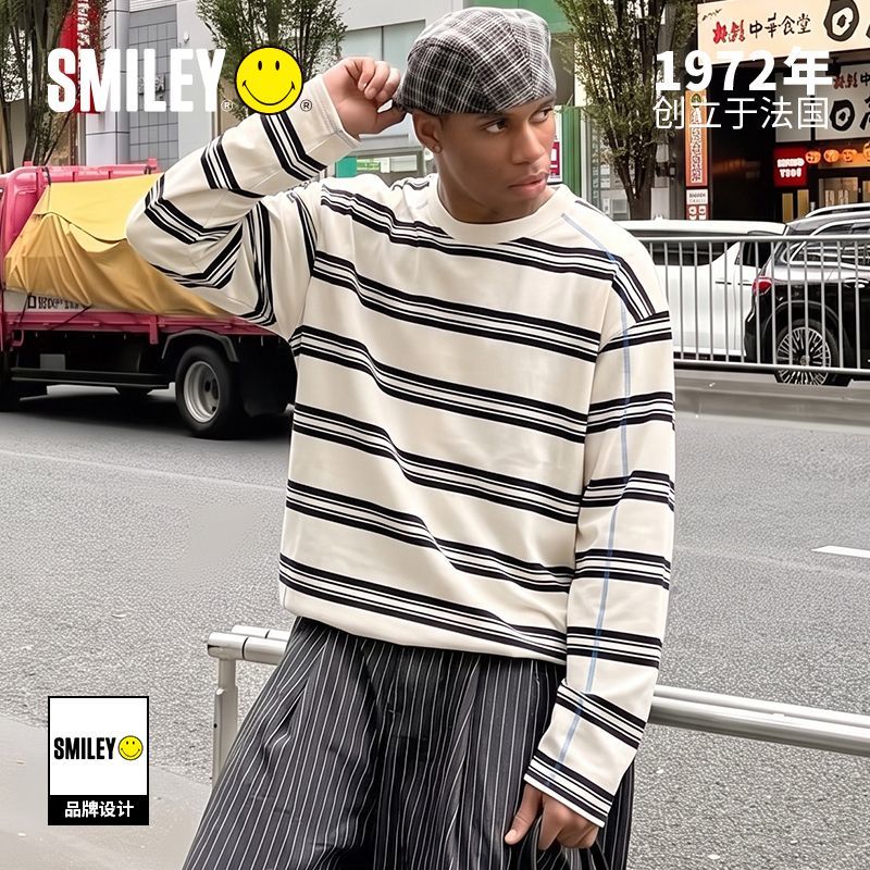 【SMILEY】笑脸春秋季圆领条纹男款宽松复古街头落肩百搭时尚T恤