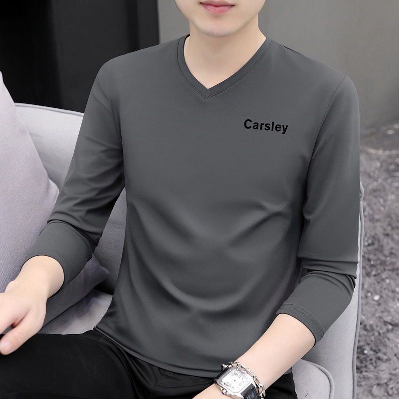 高品质纯棉长袖V领T恤男士2026新款韩版打底衫休闲印花宽松上衣服