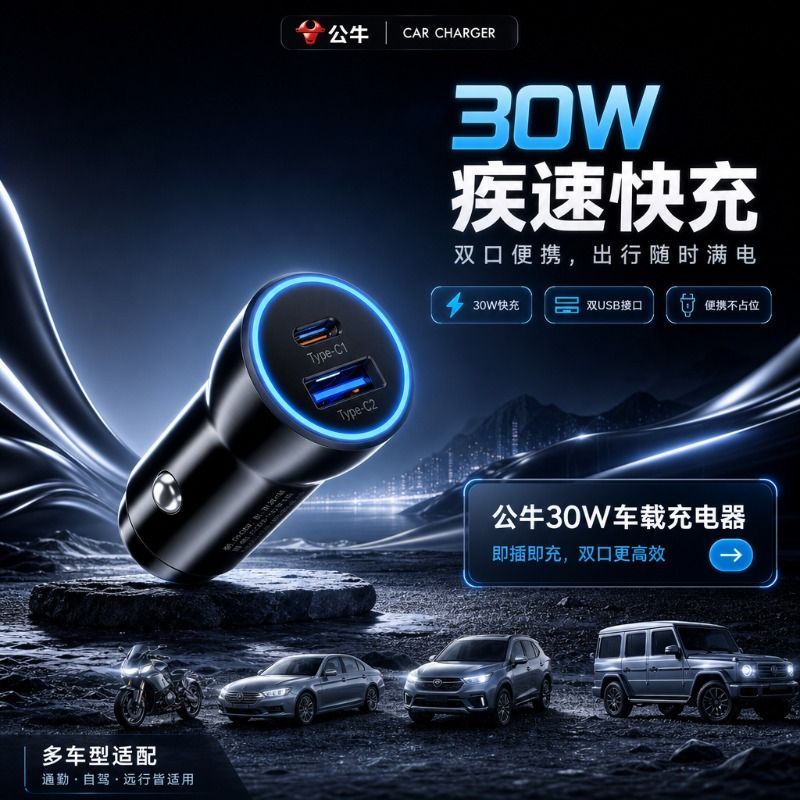 【公牛】车载充电器适用苹果闪充30W充电器华为超级快充USB充电一拖二