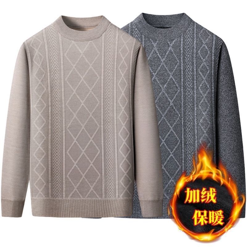 加绒保暖秋冬季针织打底衫圆领外穿衣服中老年提花保暖内搭毛衣男