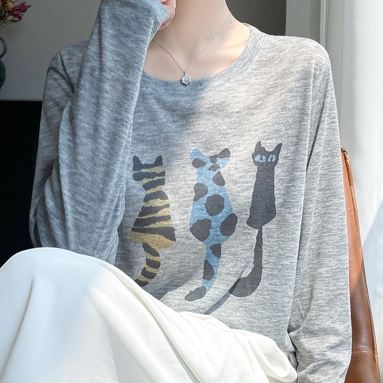 清仓正品撤柜莱赛尔天丝卡通小猫印花针织衫宽松大码长袖打底上衣
