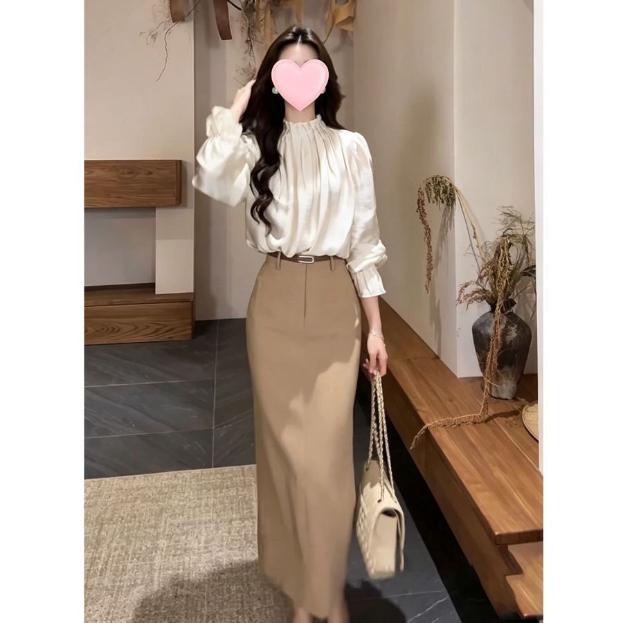 韩系气质时尚套装女秋冬新款千金风梭织立领上衣通勤显瘦半身裙