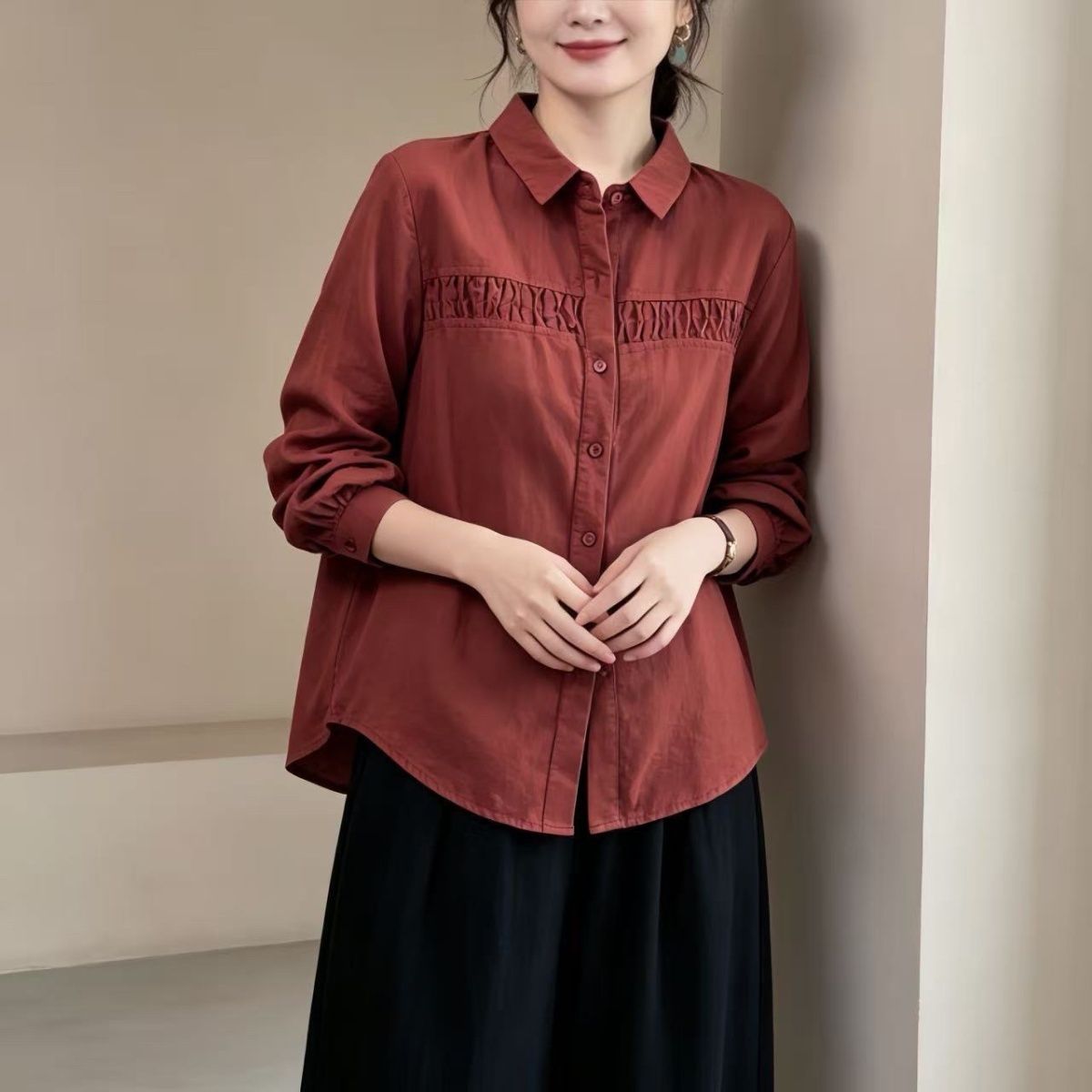 微胖妈妈2026新款微胖宽松衬衫复古风中国风显瘦翻领长袖秋季衬衣