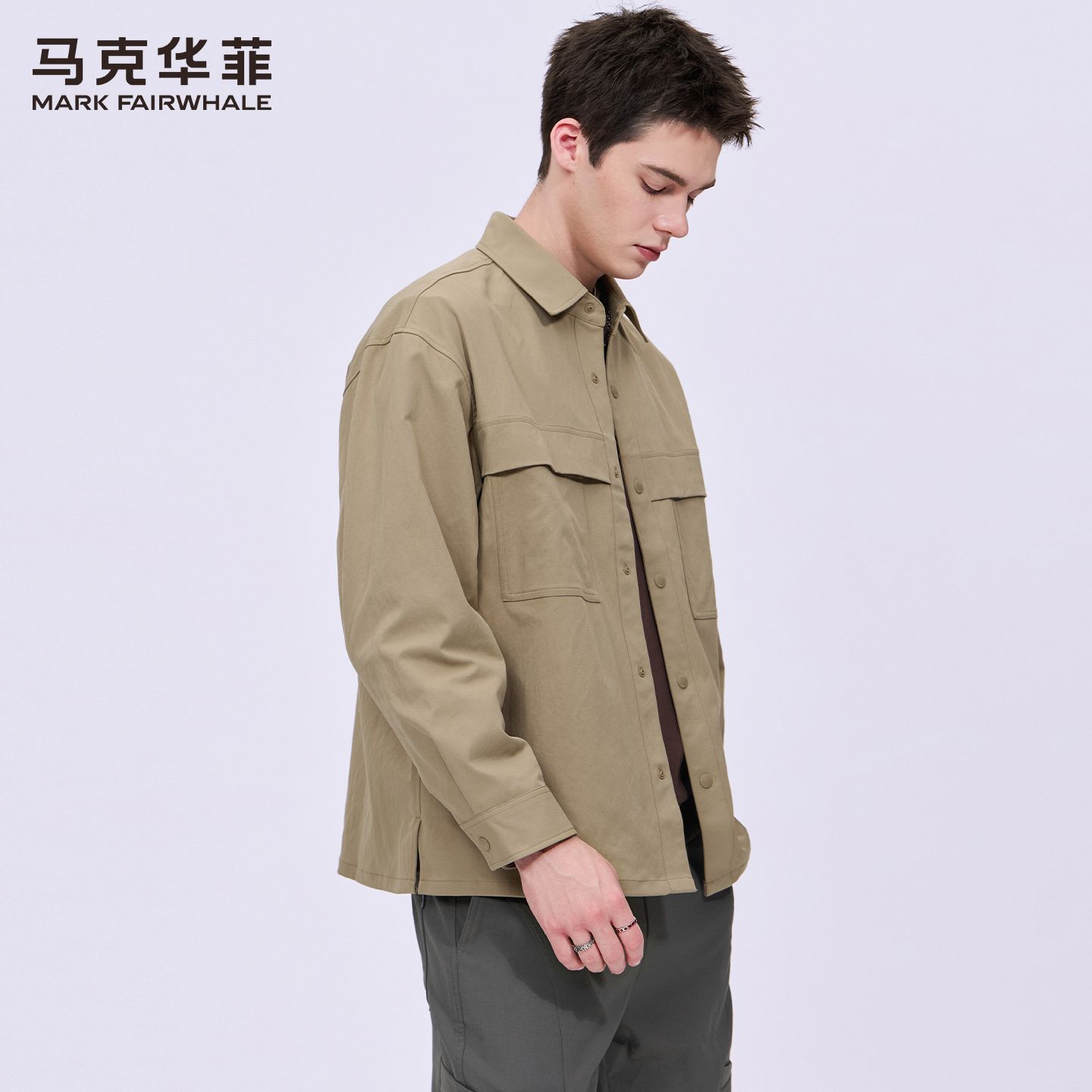 【马克华菲】翻领衬衫夹克男装秋季新款潮流刺绣口袋纯色通勤长袖外套