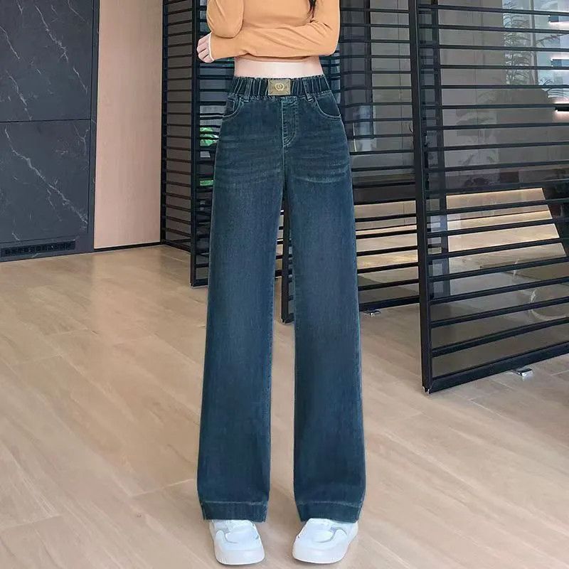 复古直筒高腰牛仔裤女弹力春秋季新款松紧小个子宽松显瘦直筒长裤【7天内发货】