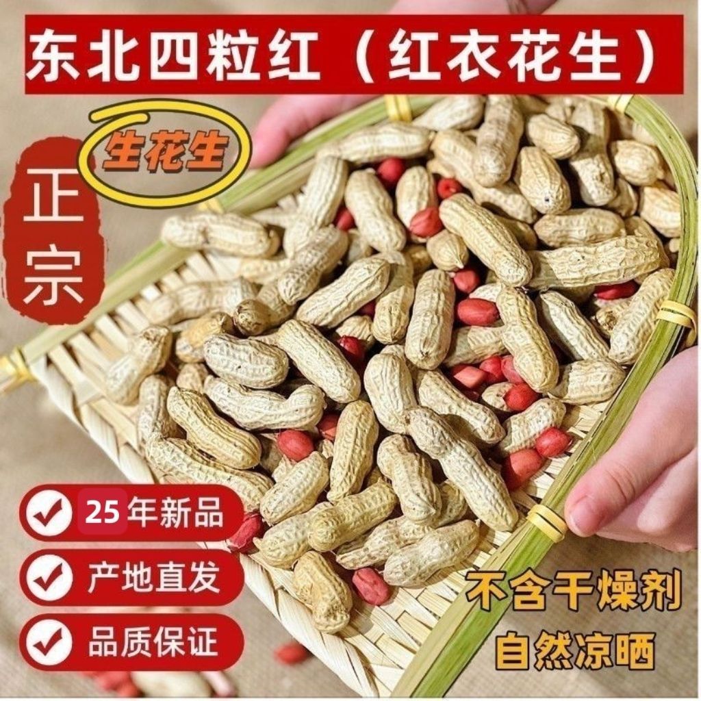 东北四粒红生花生新鲜晒干农家自种红皮带壳 批发零售四粒红花生