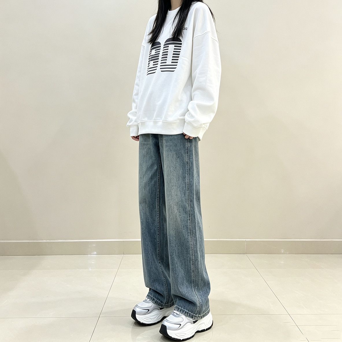 复古蓝高腰直筒牛仔裤女2026秋季新款小个子梨形显瘦窄版阔腿裤子