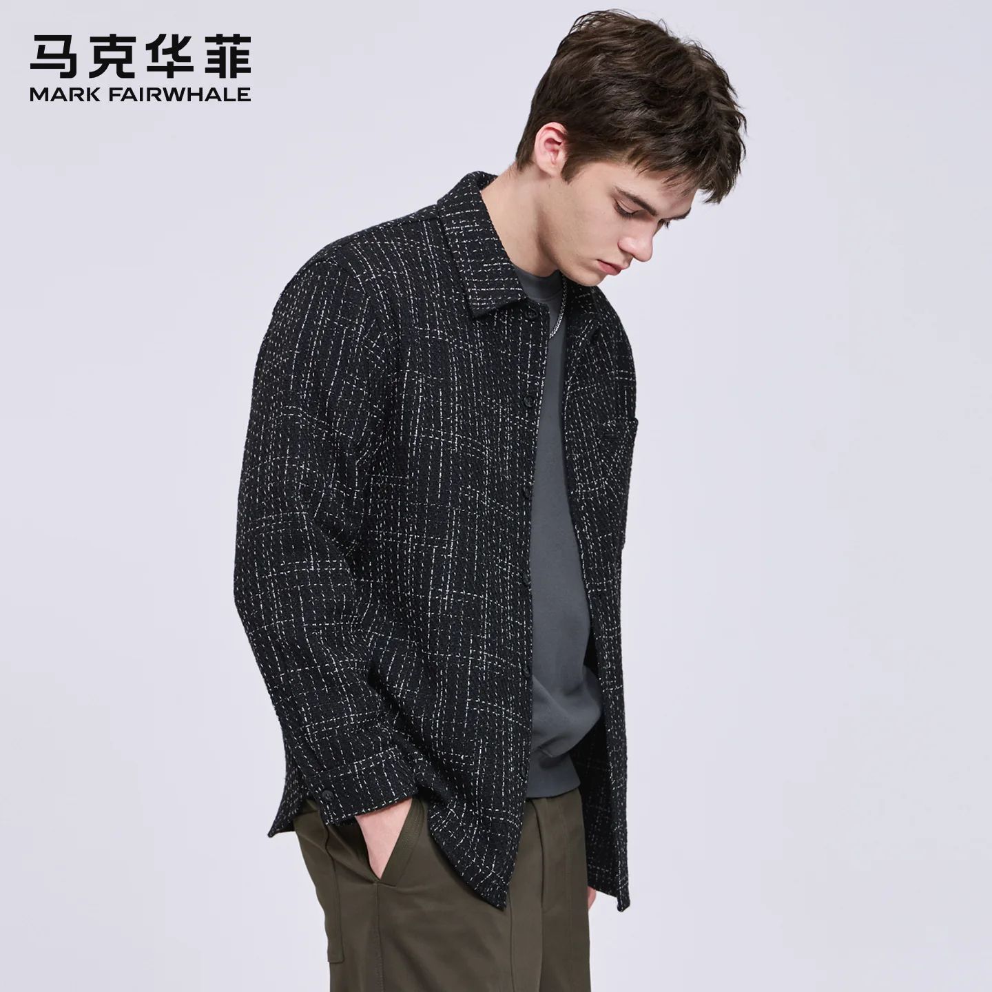 【小香风】马克华菲翻领长袖衬衫男装秋季款潮流休闲轻奢百搭衬衣