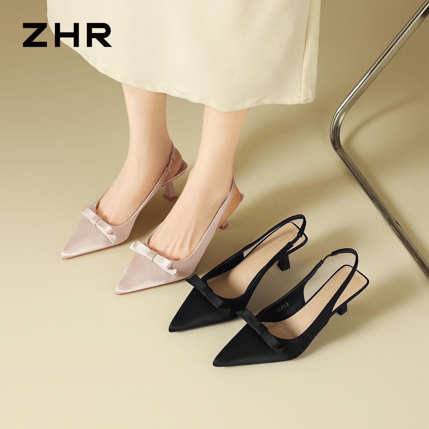 【ZHR】小香风绸缎蝴蝶结尖头高跟鞋女2026新款百搭通勤细跟浅口单鞋