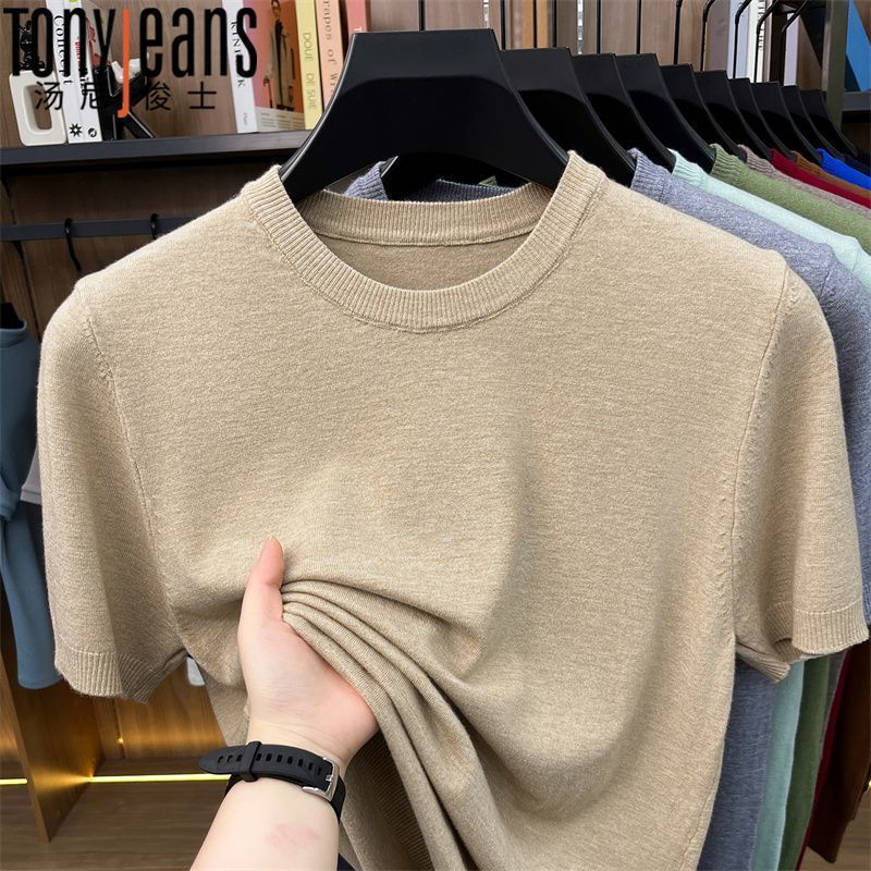 【Tony Jeans】羊毛短袖毛衣男士针织衫半袖圆领套头宽松大码打底衫男