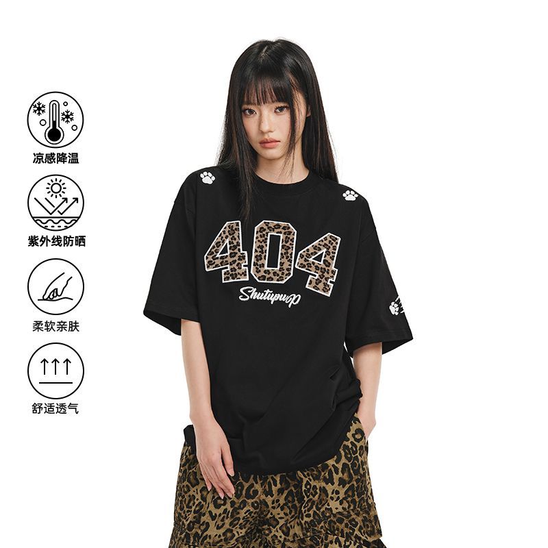 [章若楠同款]404MOB豹纹马毛刺绣美式复古短袖T恤男女凉感防晒潮T