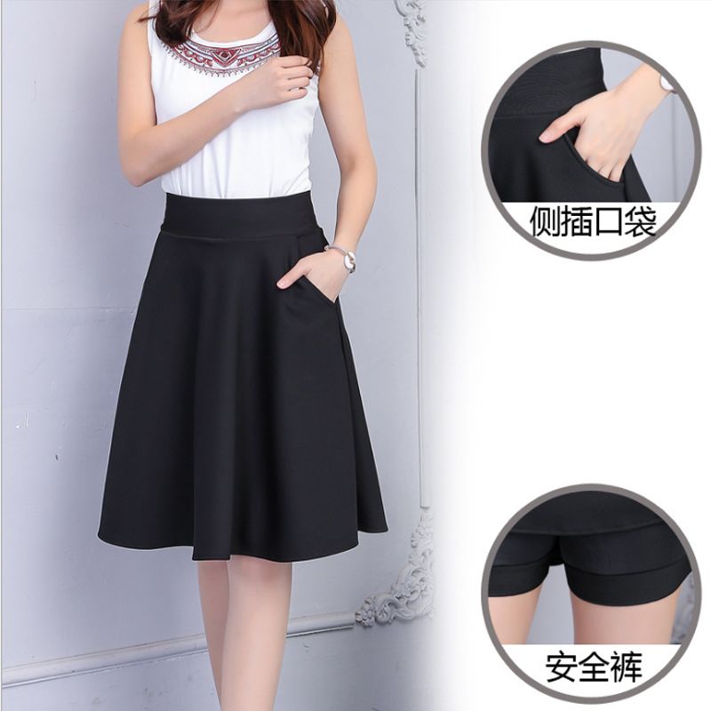 a字半身裙中长款女春夏百褶新款高腰显瘦口袋百搭黑色伞裙防走光