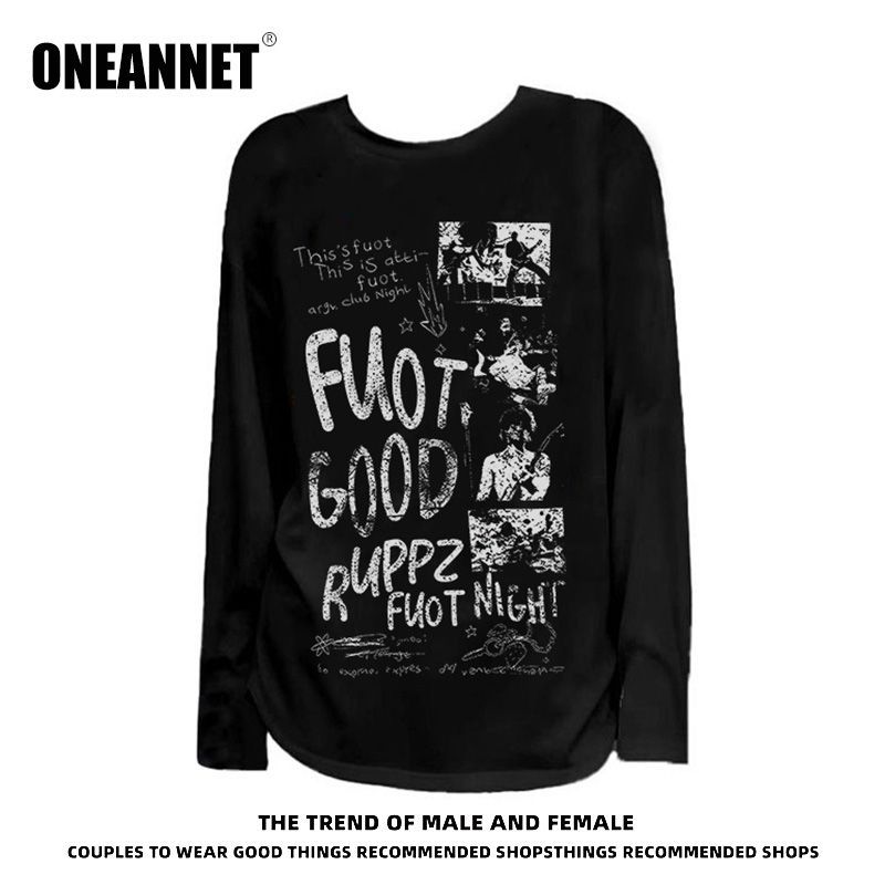 ONEA秋季新款美式潮牌字母印花圆领长袖t恤男女款街头风宽松上衣