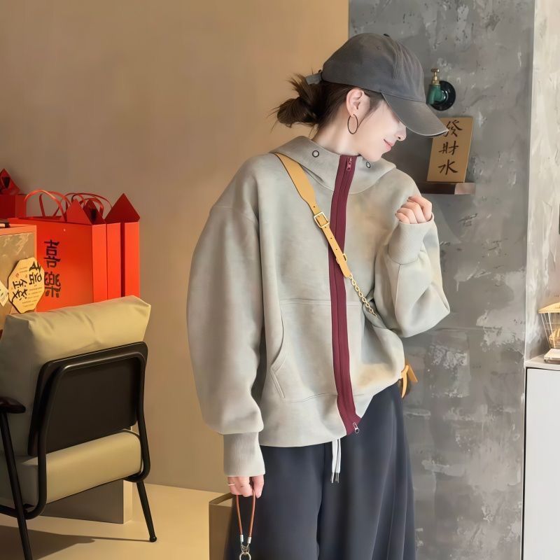韩系撞色连帽加绒卫衣女2026秋季新款高级感宽松百搭拉链开衫上衣