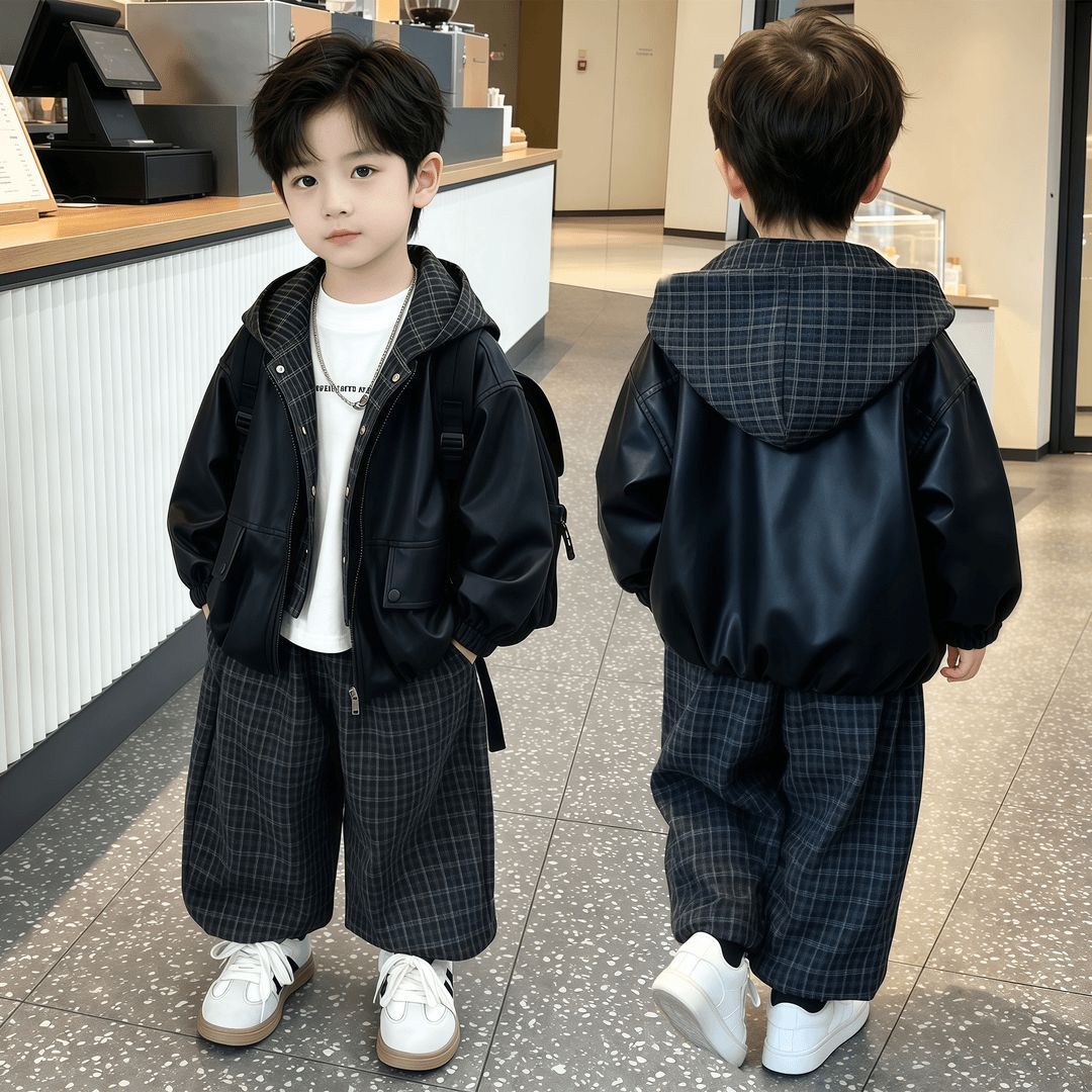 男童秋装套装2026新款儿童连帽皮衣格子阔腿裤两件套潮酷宝宝外套