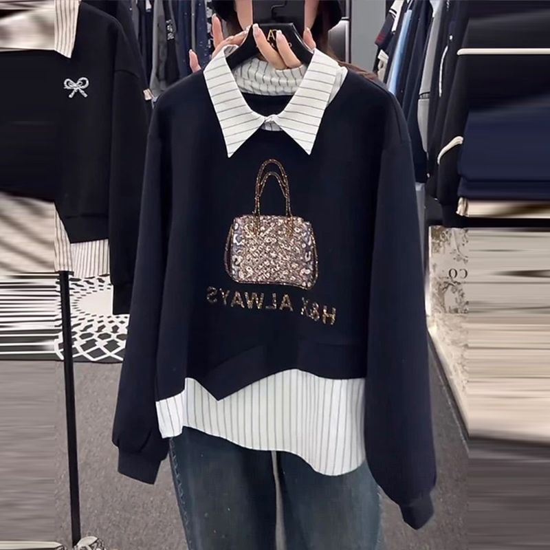 高级感套头卫衣女2026秋冬季新款宽松百搭拼接假两件洋气减龄上衣