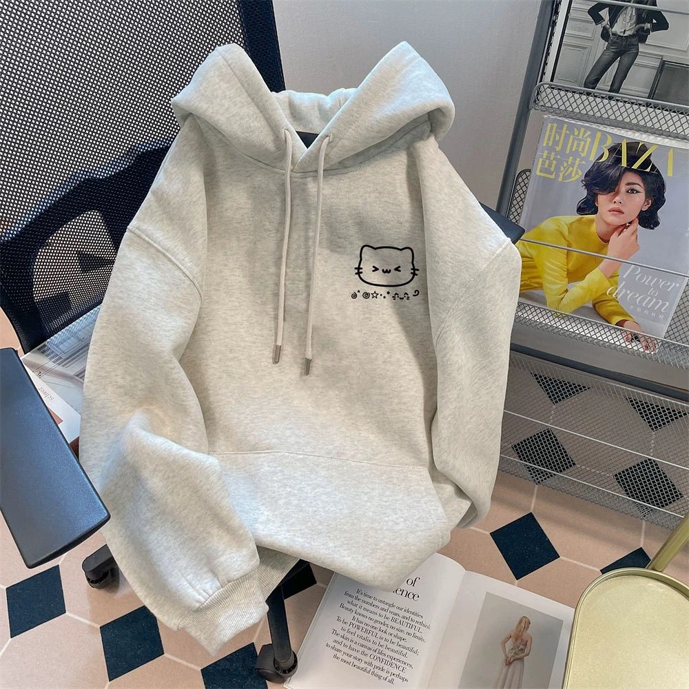 巨好看的可爱小猫咪卫衣女秋冬美式慵懒chic加绒加厚连帽宽松上衣
