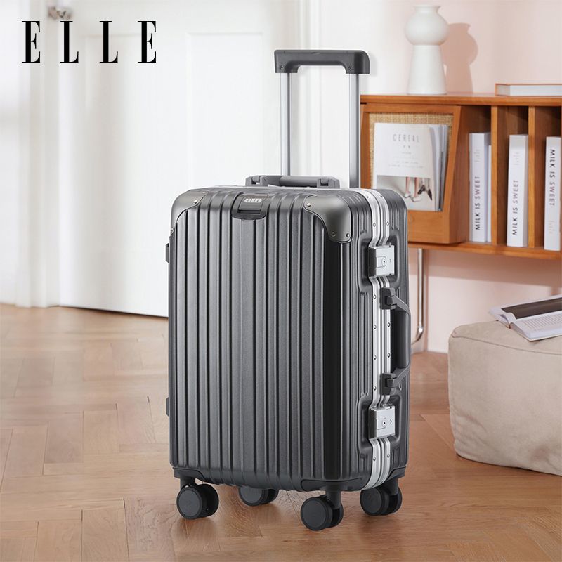 【ELLE】铝框PC行李箱24寸大容量拉杆箱耐用20寸轻音万向轮登机密码箱