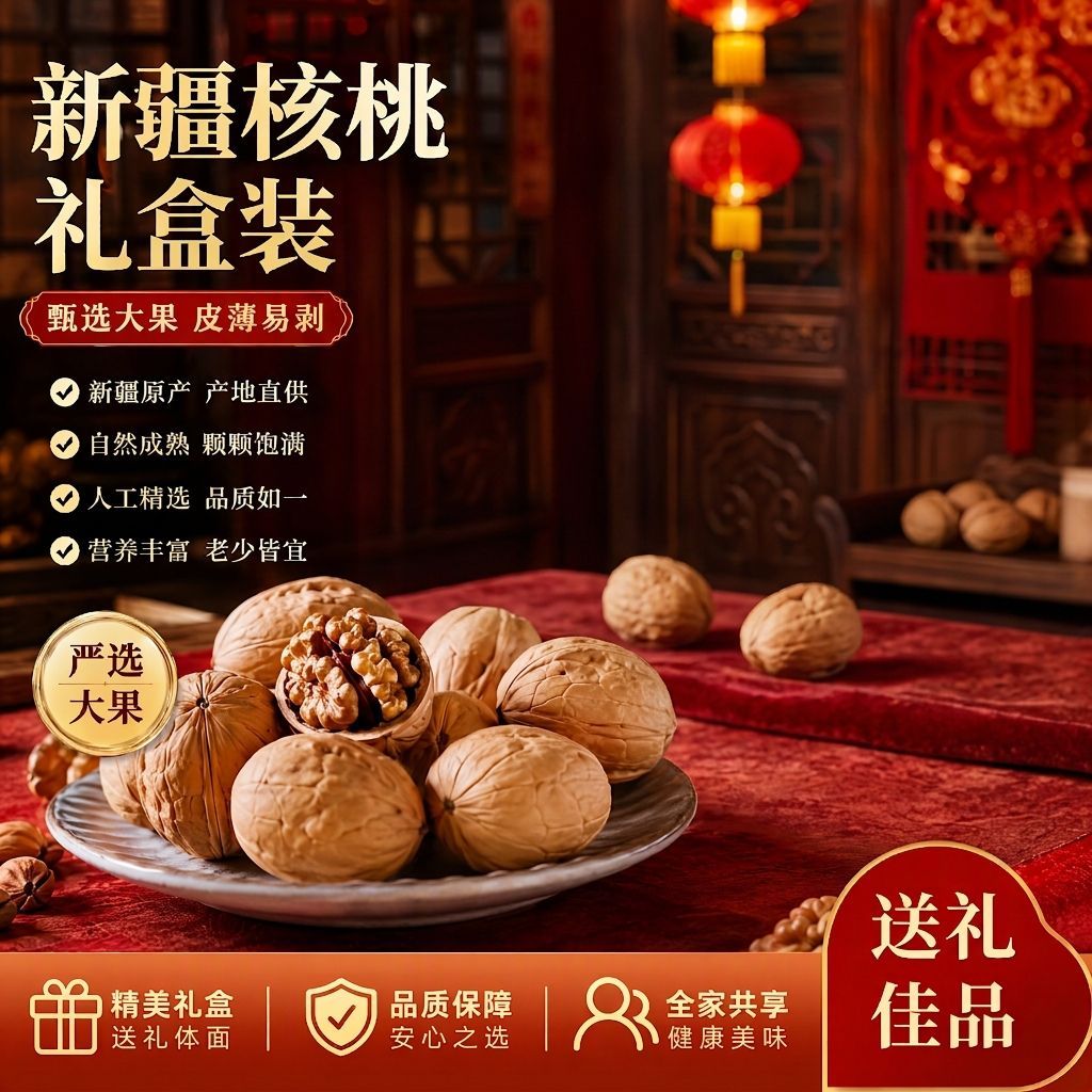 【新边界】新疆185纸皮核桃礼盒1500g原味核桃非薄皮核桃仁大颗粒薄壳