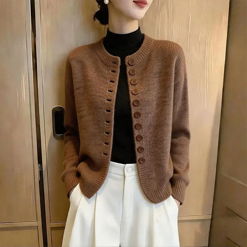老钱风穿搭针织开衫女秋季2026新款大码胖MM慵懒气质圆领毛衣外套