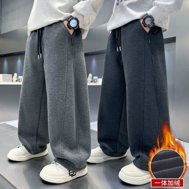 男童秋冬款卫裤加绒加厚2026新款中大童冬季一体绒运动儿童弯刀裤