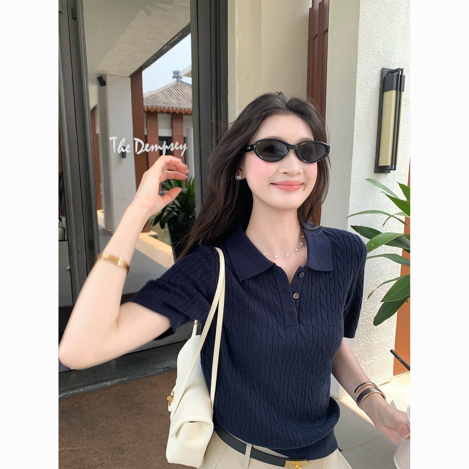 复古高级感纯色绞花针织衫polo衫女短袖夏季通勤百搭显瘦正肩上衣