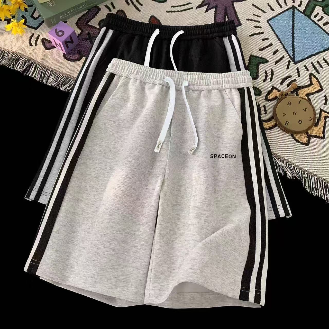 条纹青少年短裤外穿美式拼接宽松夏季潮牌休闲男运动印花五分裤