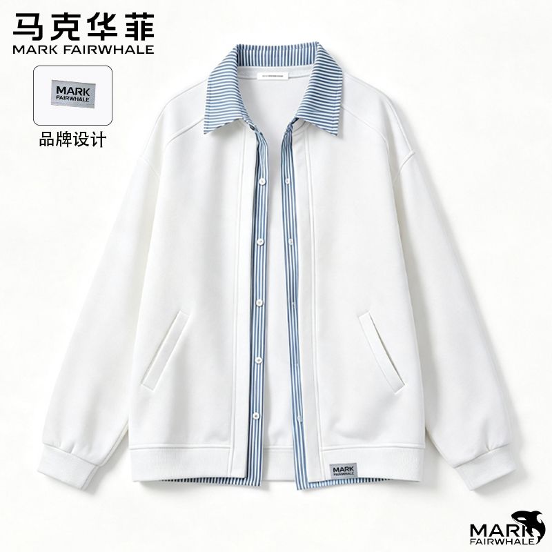 【马克华菲】美式复古假两件条纹撞色开衫卫衣男秋季休闲宽松翻领上衣