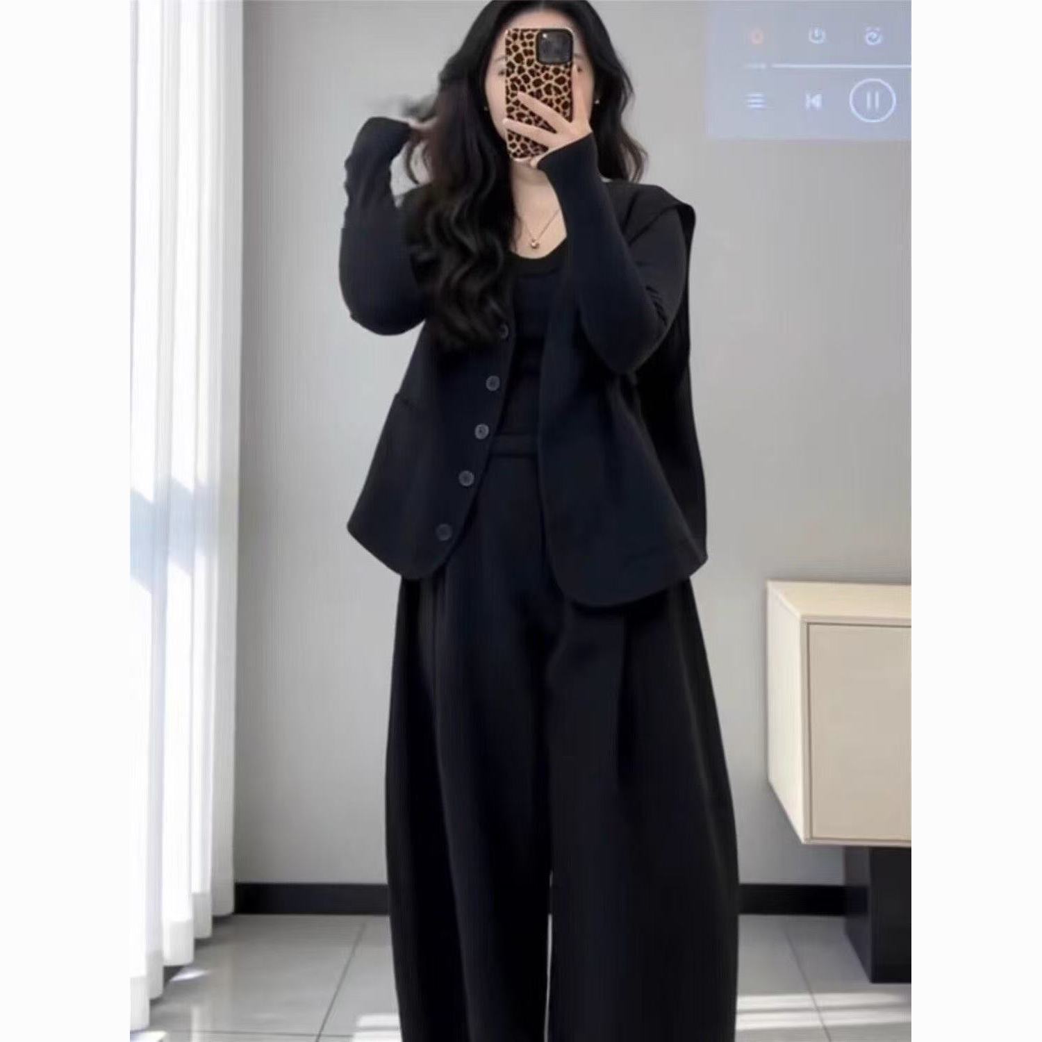 大码女装胖mm时尚熟女风加绒加厚三件套百搭打底衫宽松马夹阔腿裤【15天内发货】