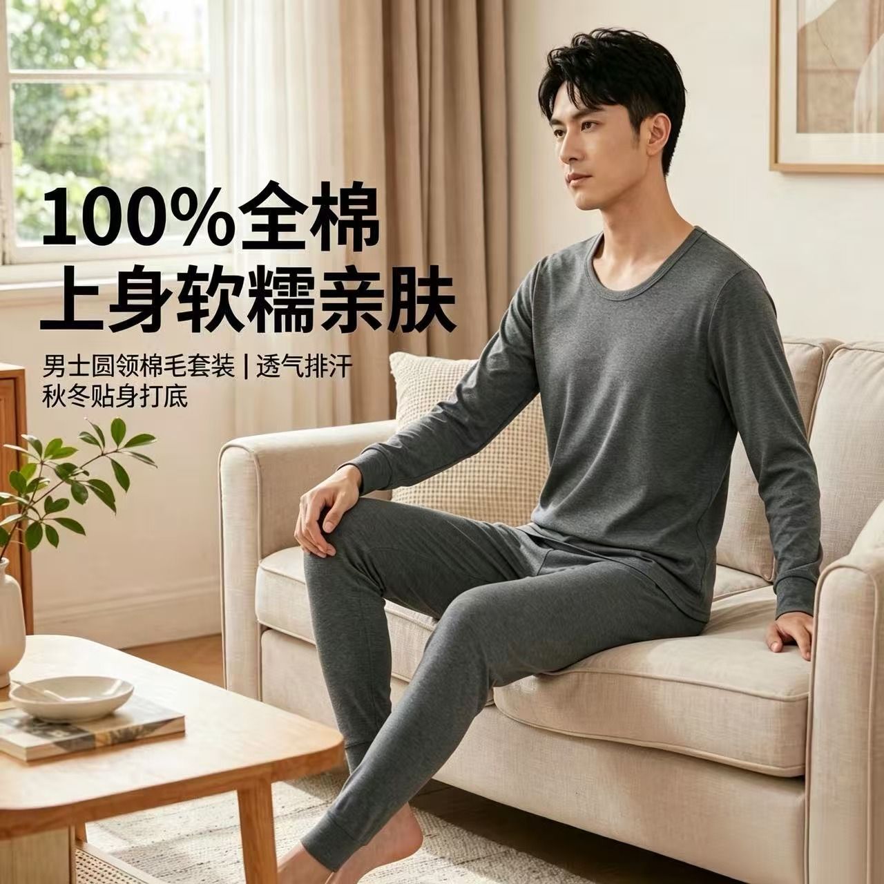 【红豆】100%纯棉男士圆领棉毛套装舒适透气亲肤秋衣秋裤内衣