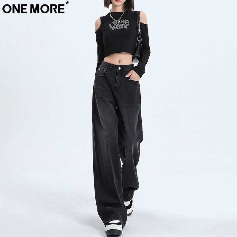 【One More】美式高街黑色阔腿牛仔裤女夏季薄款宽松拖地垂感直筒裤女