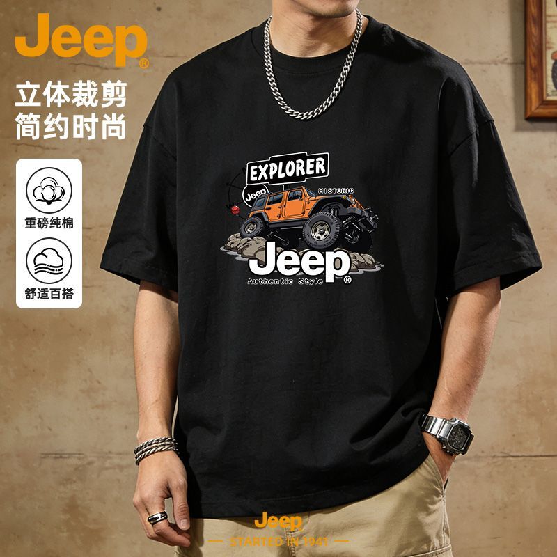 【JEEP】吉普纯棉短袖t恤废土风夏季新款宽松黑色圆领户外男装上衣服