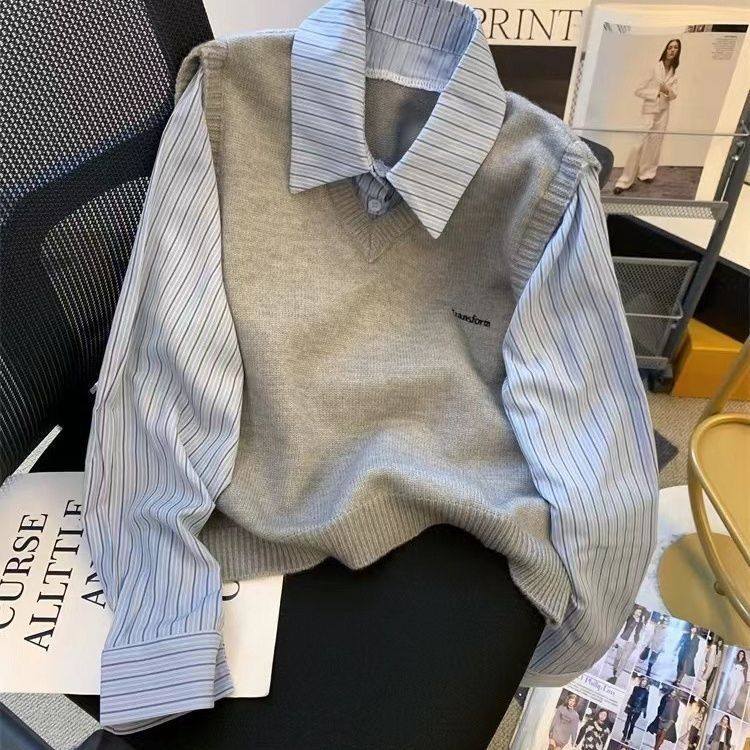 【蕾朵】 灰色针织毛衣拼接假两件衬衫女韩系穿搭Polo开衫上衣春季