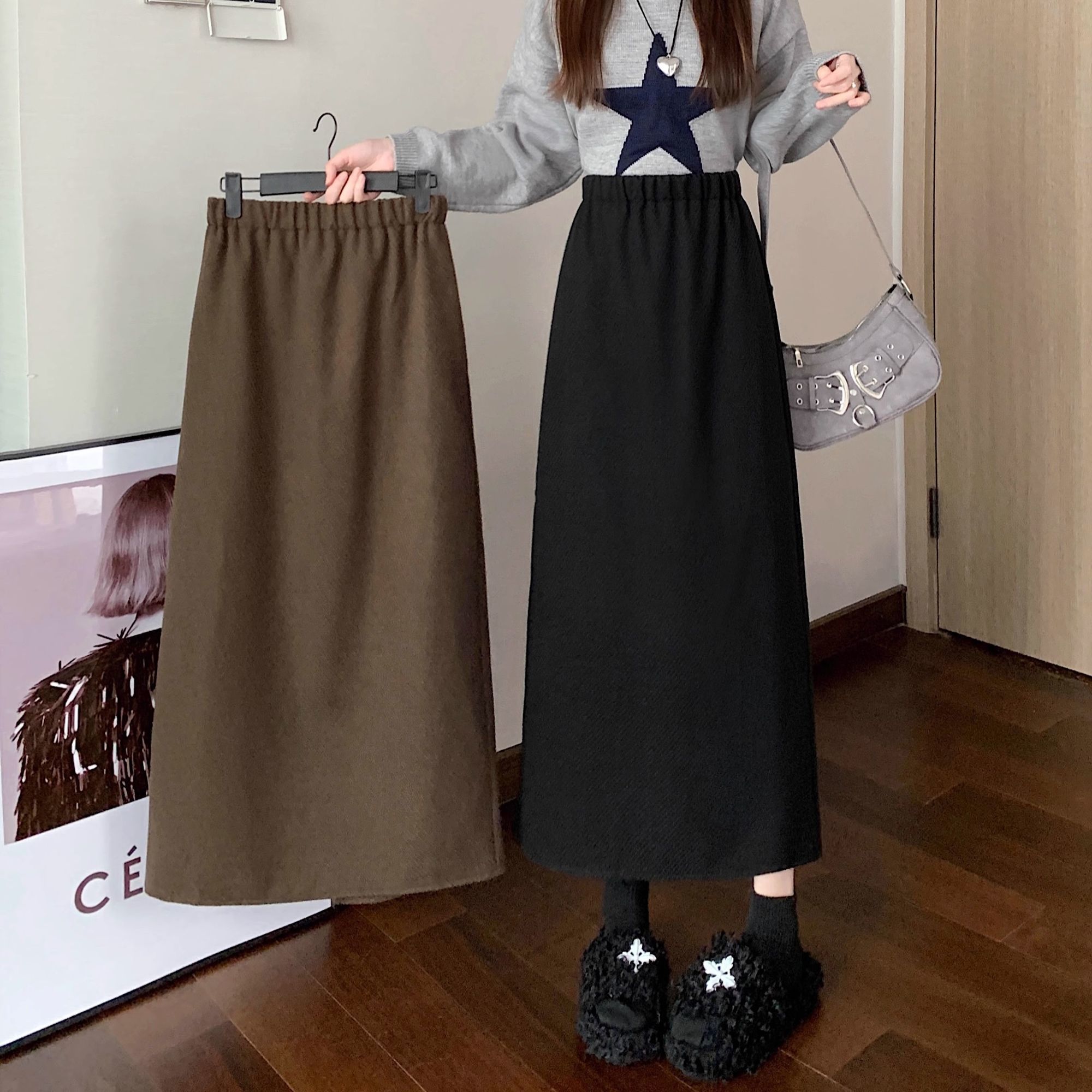 大码200斤遮肉半身裙韩版松紧腰高腰雪尼尔女春秋新款休闲长裙女
