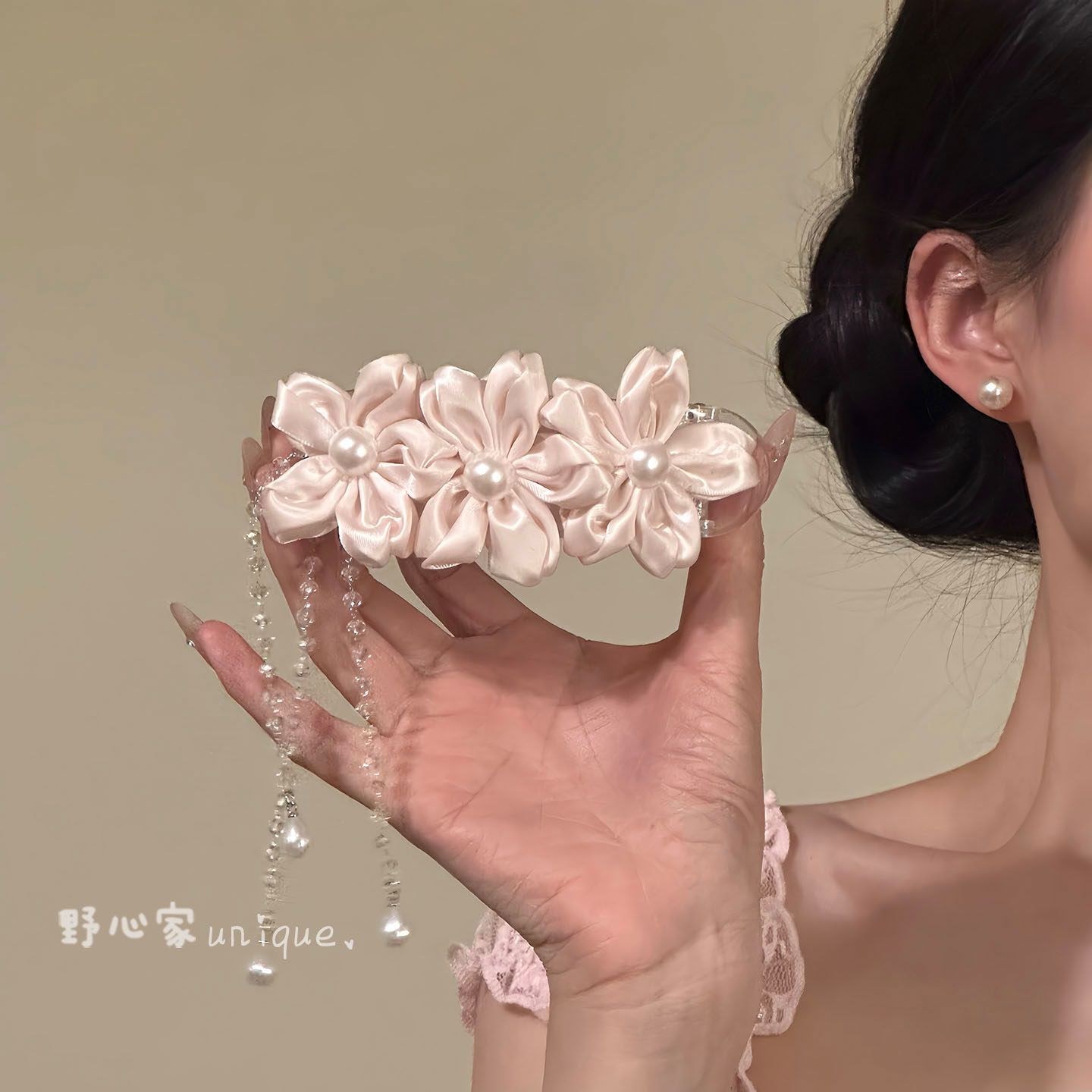 野心家原创【千樱绘子】甜美粉色花朵流苏发夹温柔风侧边夹鸭嘴夹