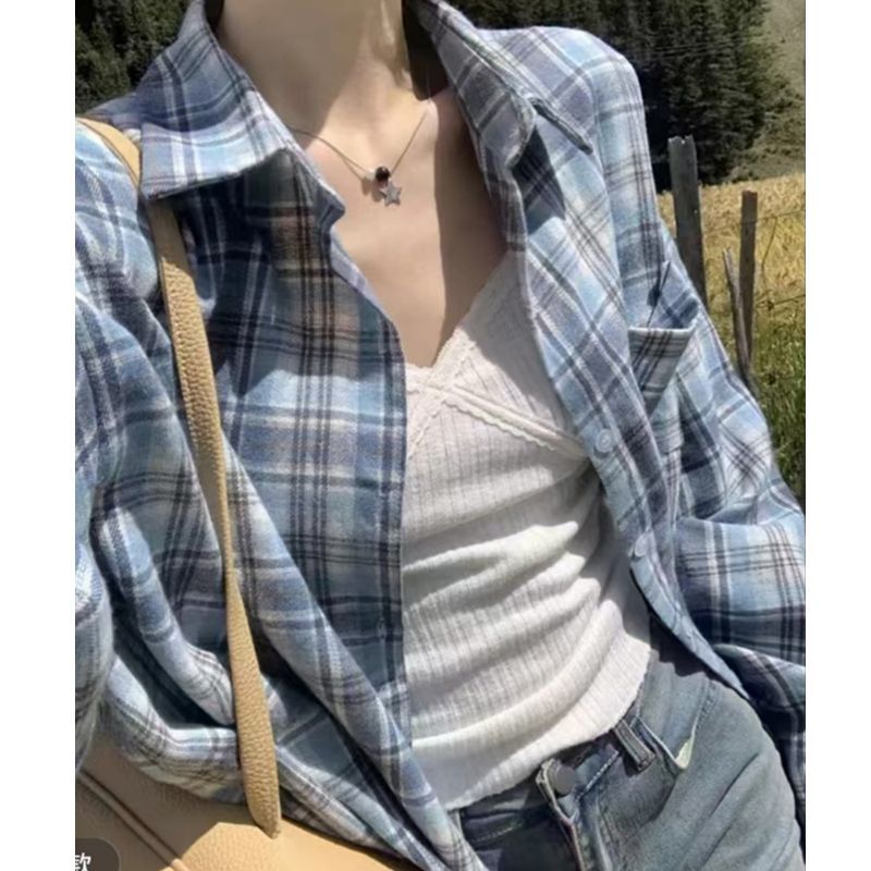春秋美式复古长袖格子衬衫外套女款2026新款小众宽松衬衣上衣外搭
