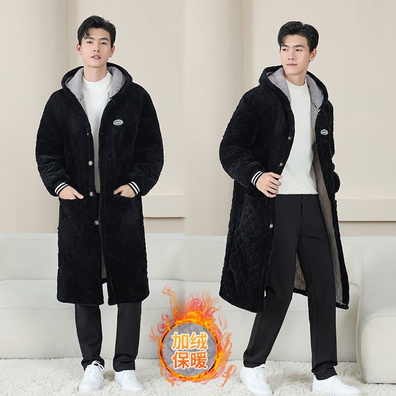 加长男士棉衣罩衣冬季加绒休闲加厚保暖过膝工作服家居服棉服大褂